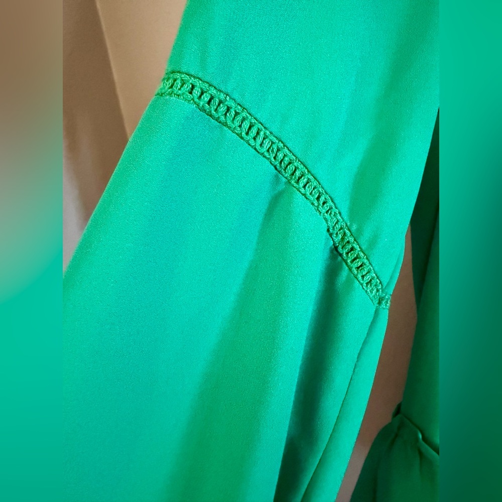 Pleione Small Green V-Neck Peplum Blouse Balloon Sleeve - Picture 4 of 8